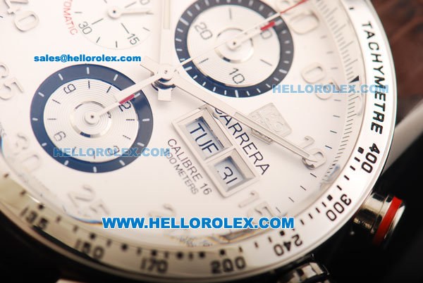 Tag Heuer Carrera Calibre 16 Swiss Valjoux 7750 Automatic Movement Steel Case with White Dial and Brown Leather Strap - Click Image to Close